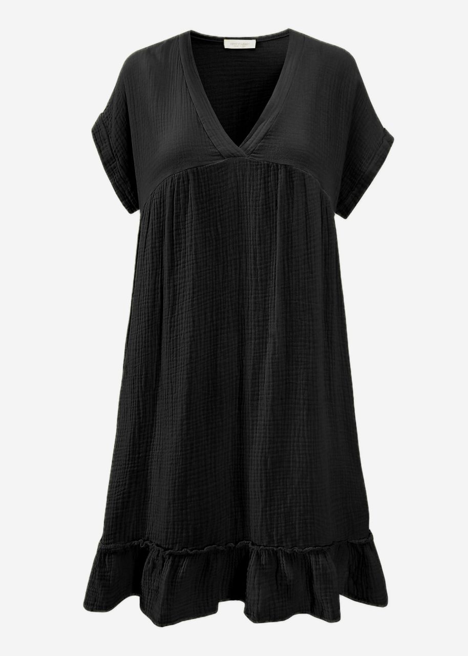 Musselin Kleid mit V-Ausschnitt - schwarz