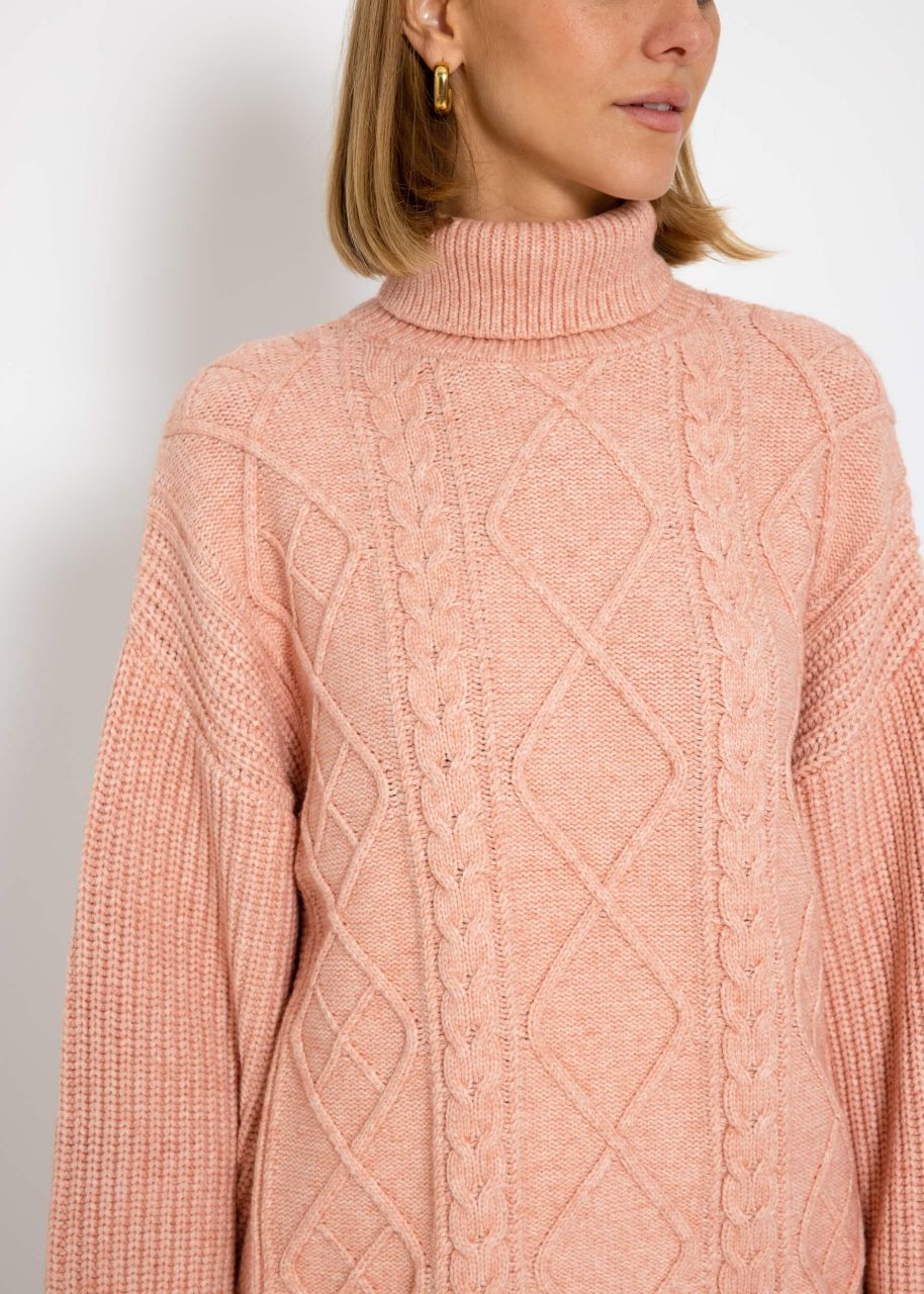 Rollkragenpullover mit Zopfmuster - rosa