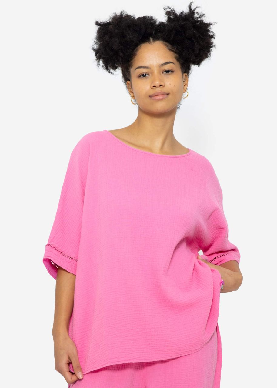 Musselin Pyjamashirt mit Spitzenborte - pink