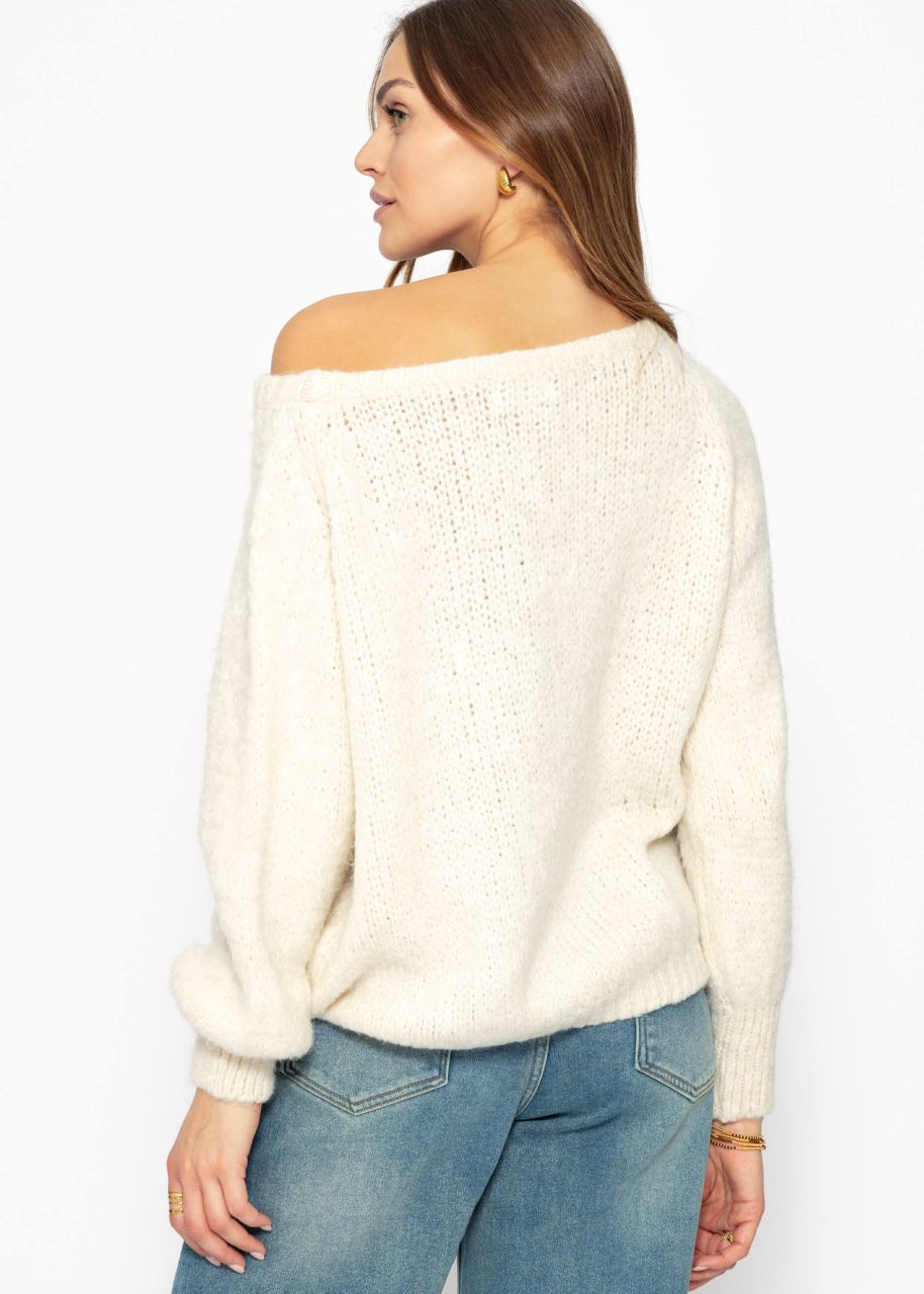 Flauschiger Pullover mit U-Boot Ausschnitt - offwhite