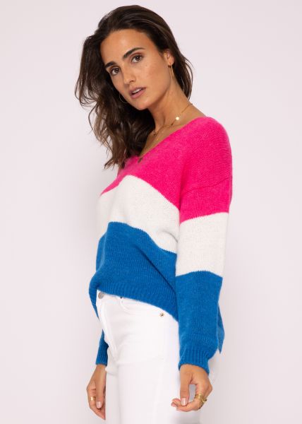 Streifen-Pullover mit V-Ausschnitt, pink/weiß/blau