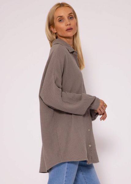 Musselin Bluse mit abgerundetem Saum - taupe
