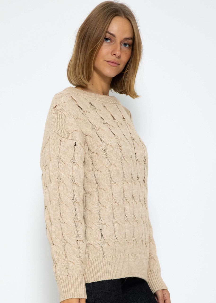 Strickpullover mit Zopfmuster - beige