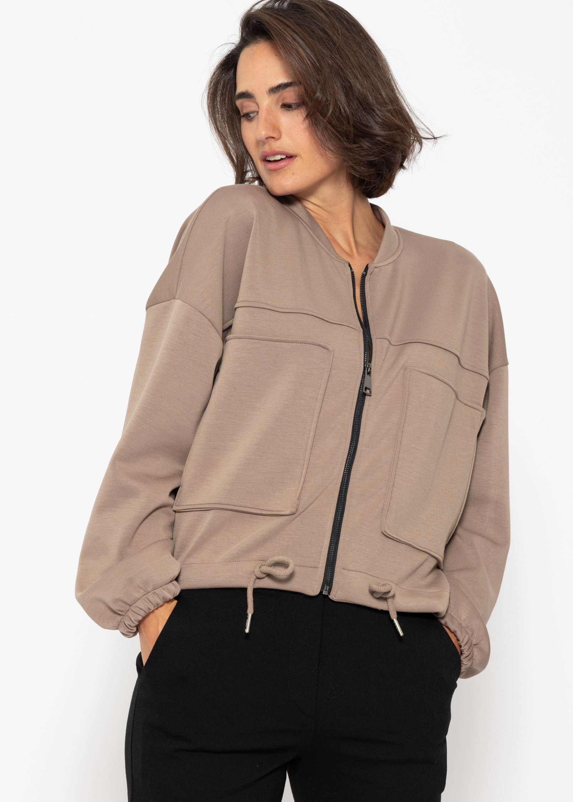 Sweat Jacke mit aufgesetzten Taschen - taupe