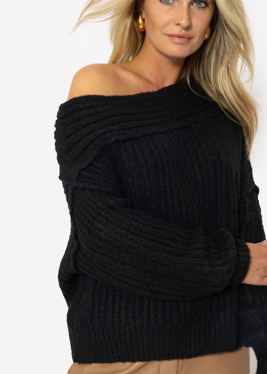 Schulterfreier Strickpullover- schwarz