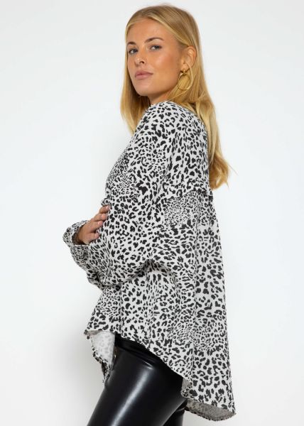 Musselin Bluse oversize, kurz, mit Leo-Print, hellbeige
