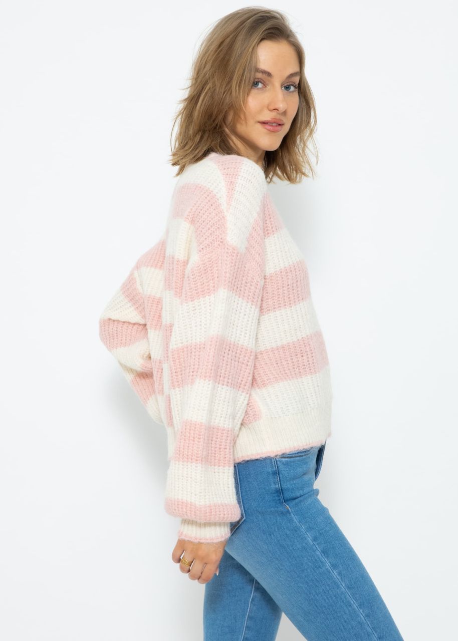 Flauschiger Pullover mit versetzten Blockstreifen - rosa-offwhite