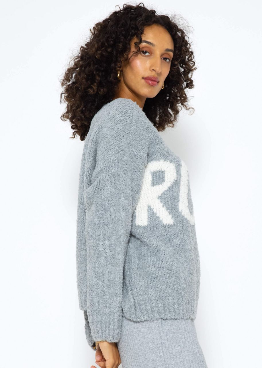 Oversize Pullover mit "Rock"-Schriftzug - grau-weiß