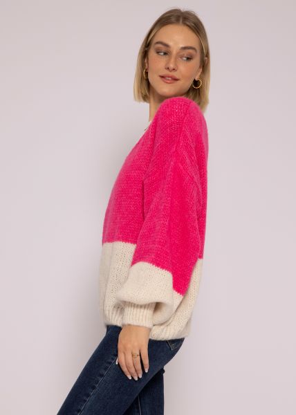 Lockerer Pullover mit V-Ausschnitt, pink/offwhite