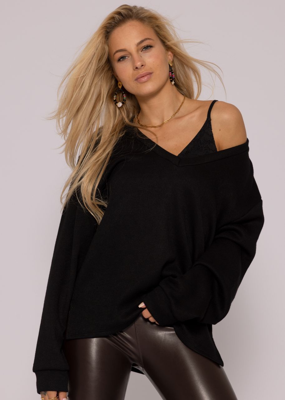 Oversize Sweater mit tiefem V-Ausschnitt, schwarz