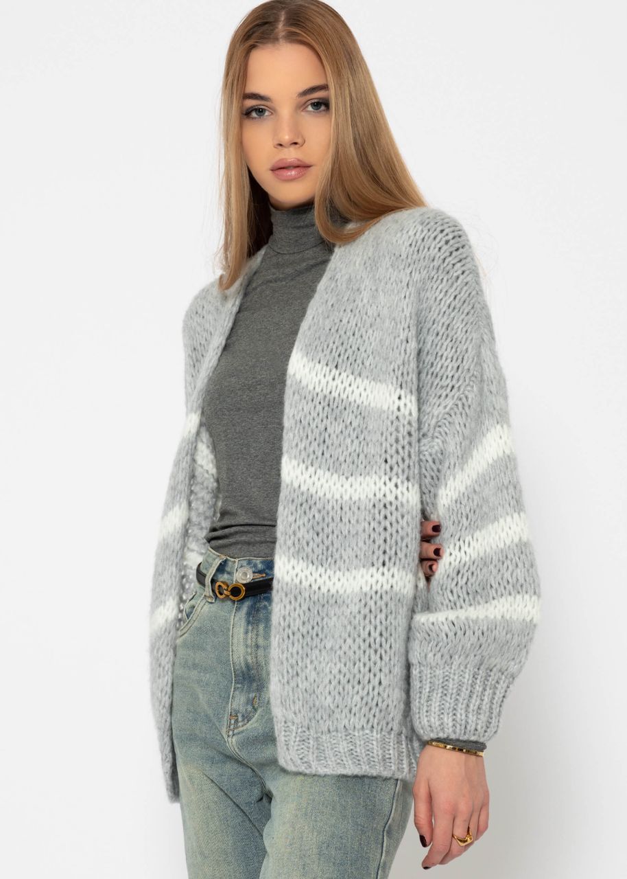 Oversize Cardigan mit weißen Streifen, hellgrau