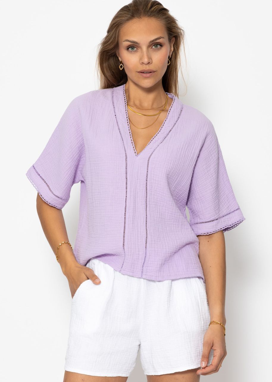 Musselin Bluse mit Spitzeneinsatz - flieder