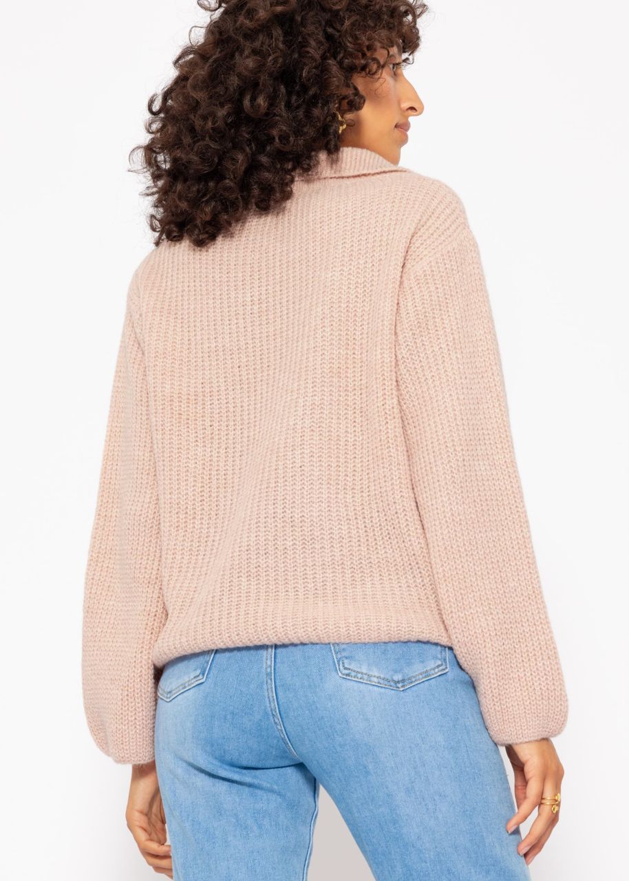 Oversize Pullover mit V-Ausschnitt und Kragen - puderrosa