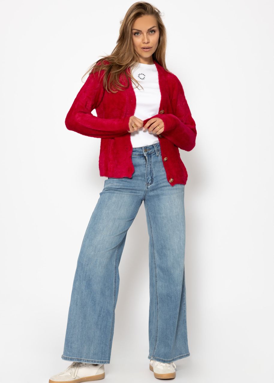 Flauschiger Cardigan mit Knöpfen - berry