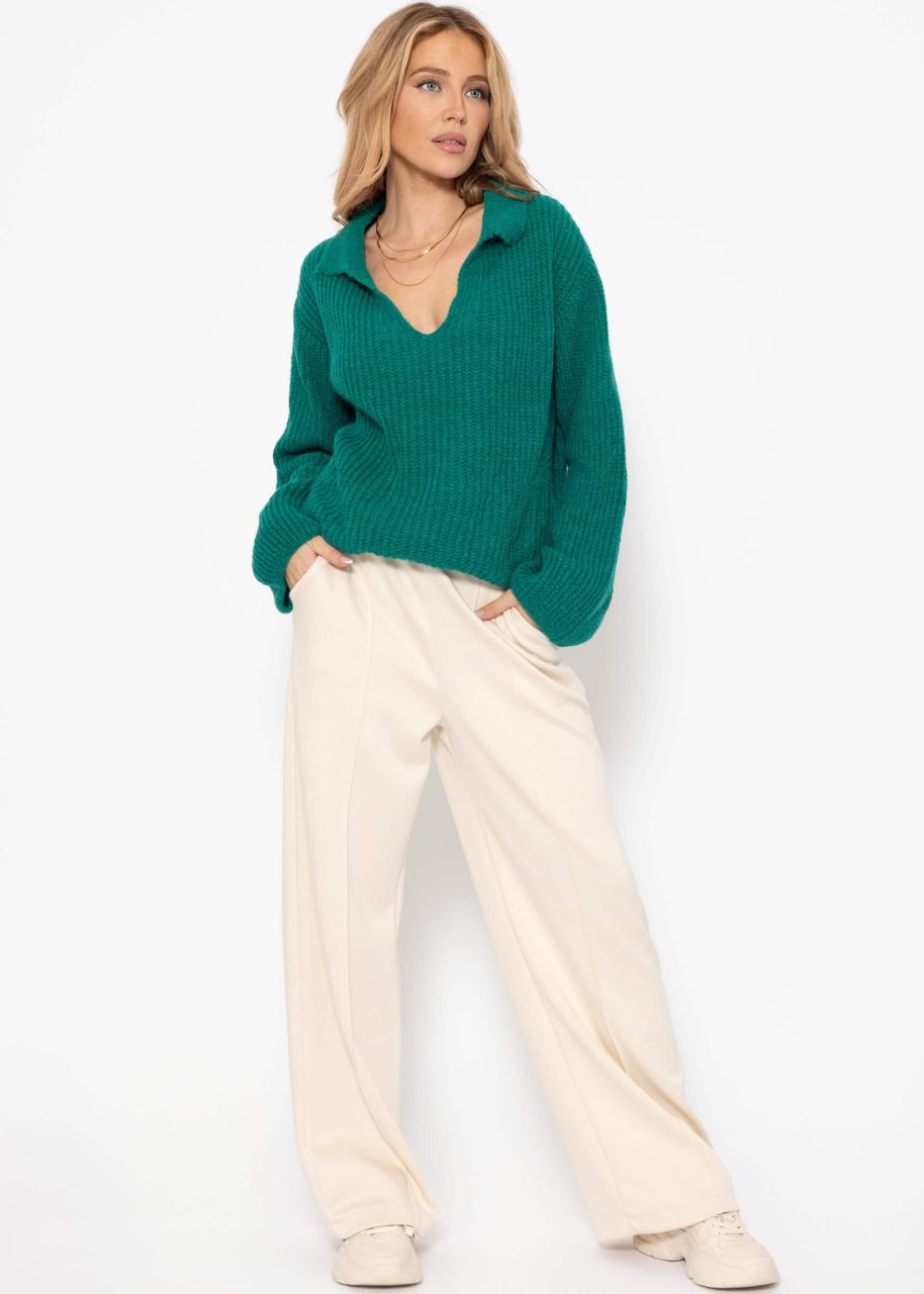 Oversize Pullover mit V-Ausschnitt und Kragen - grün