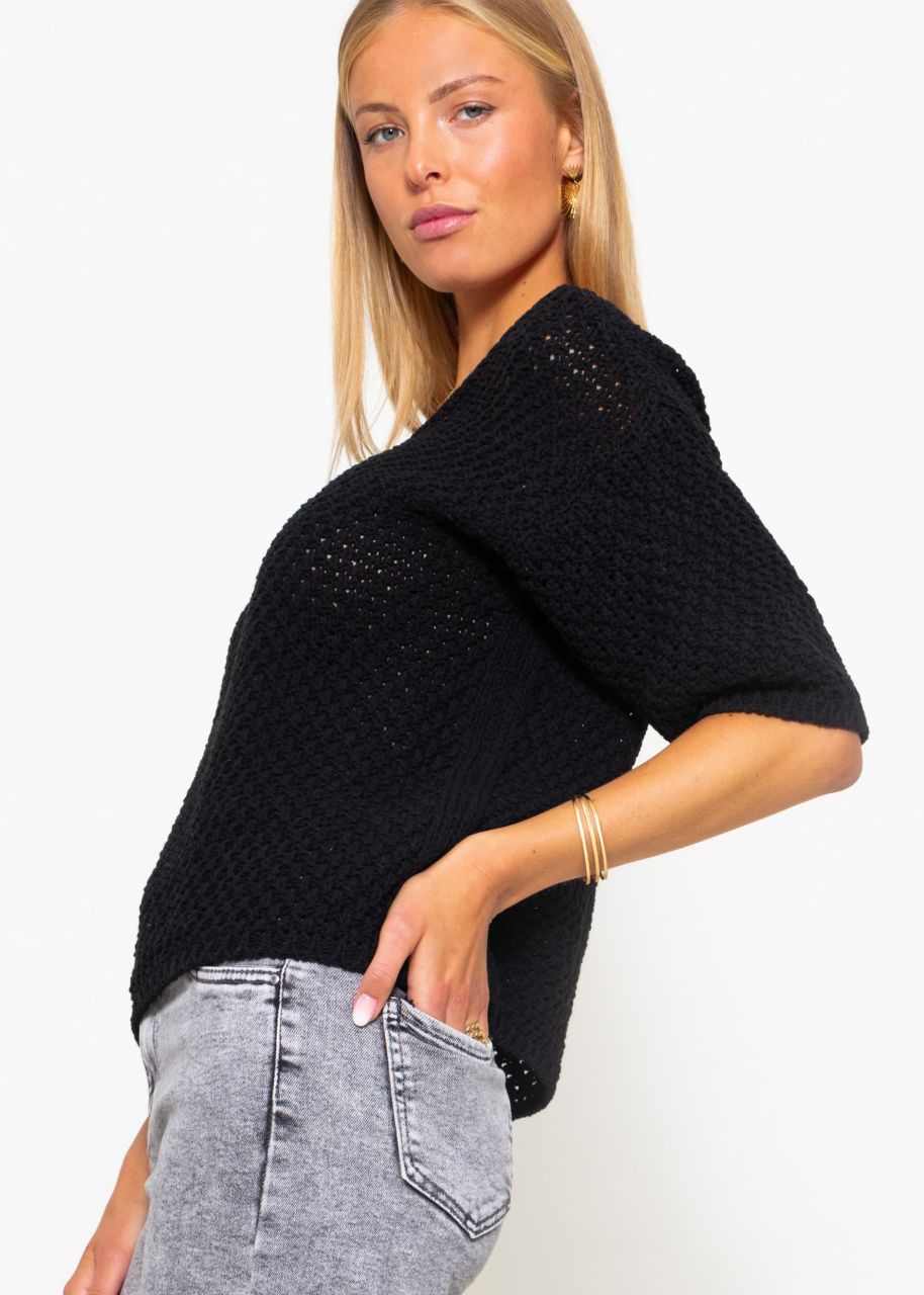 Baumwoll-Pullover mit V-Ausschnitt - schwarz