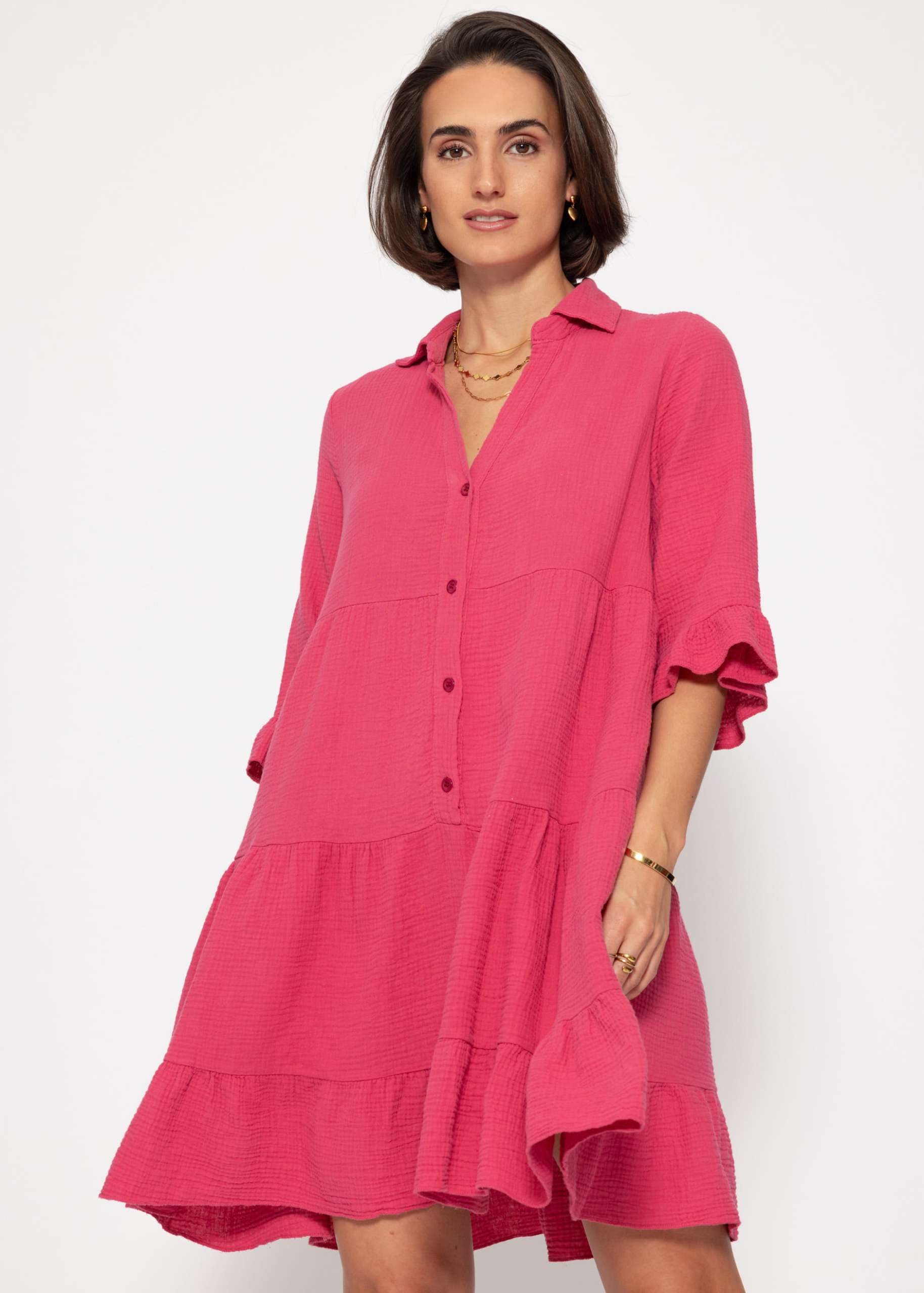 Musselin Kleid mit Volants - pink