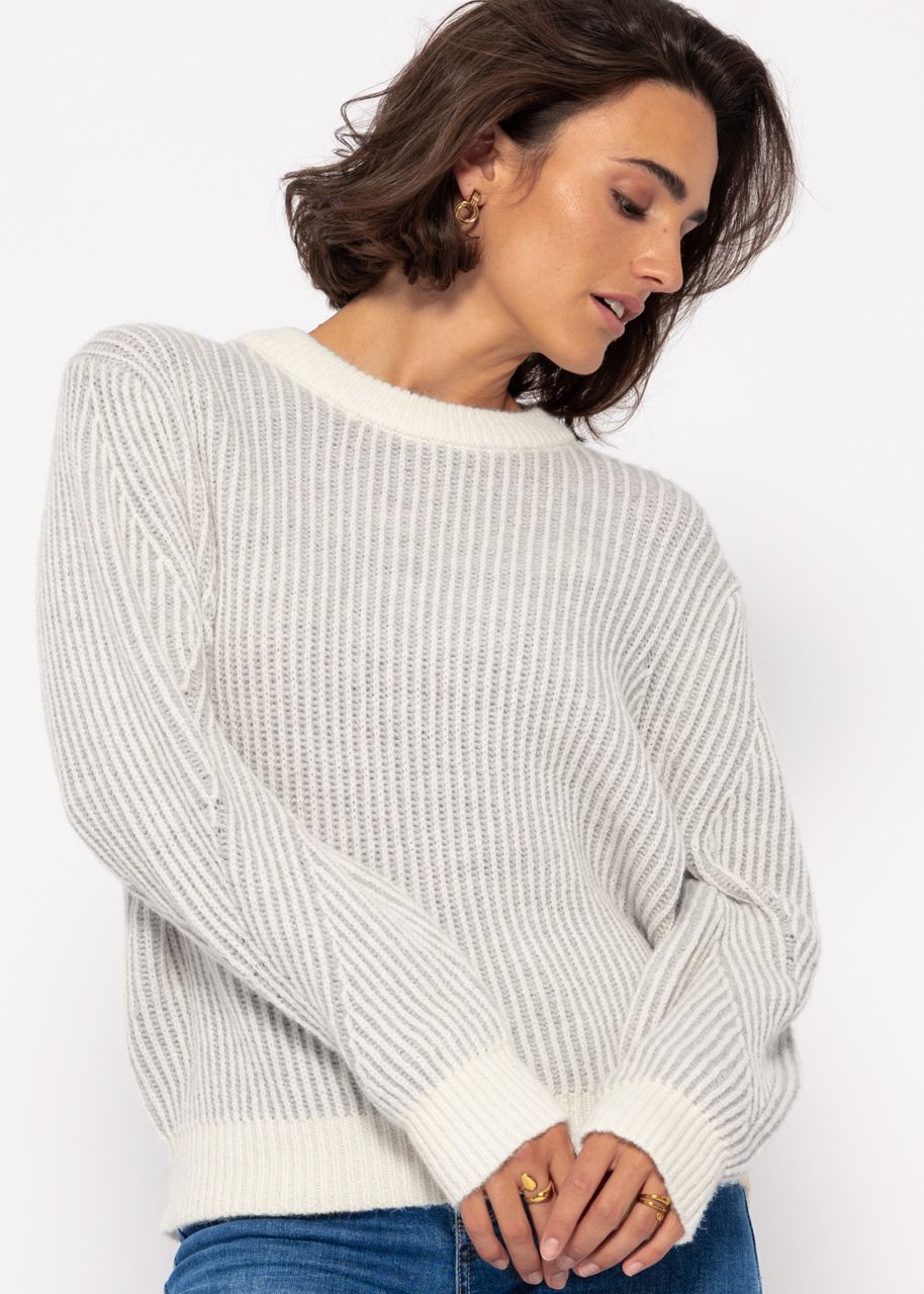 2-farbig gerippter Pullover - grau-offwhite