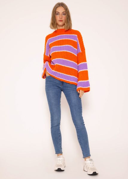 Oversize Pullover mit Streifen - orange-lila-weiß