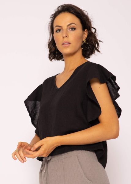 Leinen Shirt mit Volants, schwarz