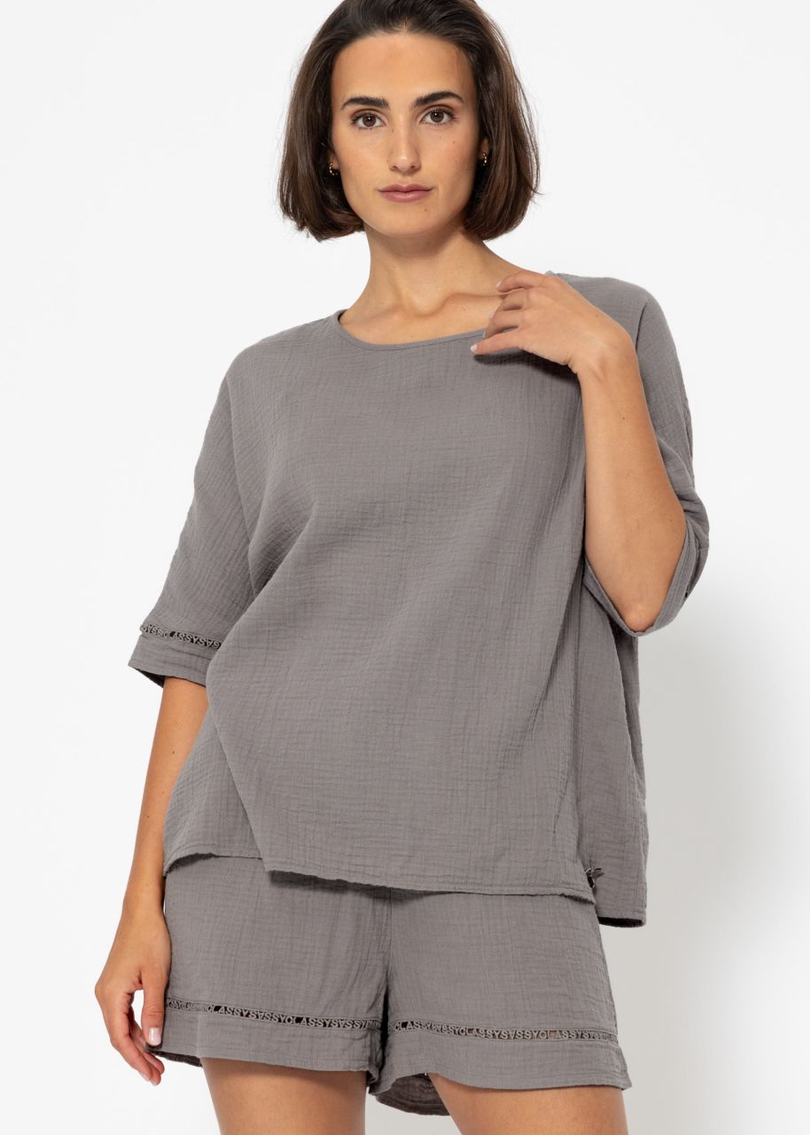 Musselin Pyjamashirt mit Spitzenborte - taupe