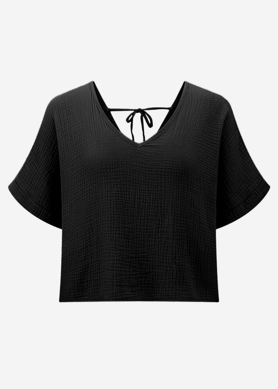 Musselin Shirt mit V-Ausschnitt - schwarz