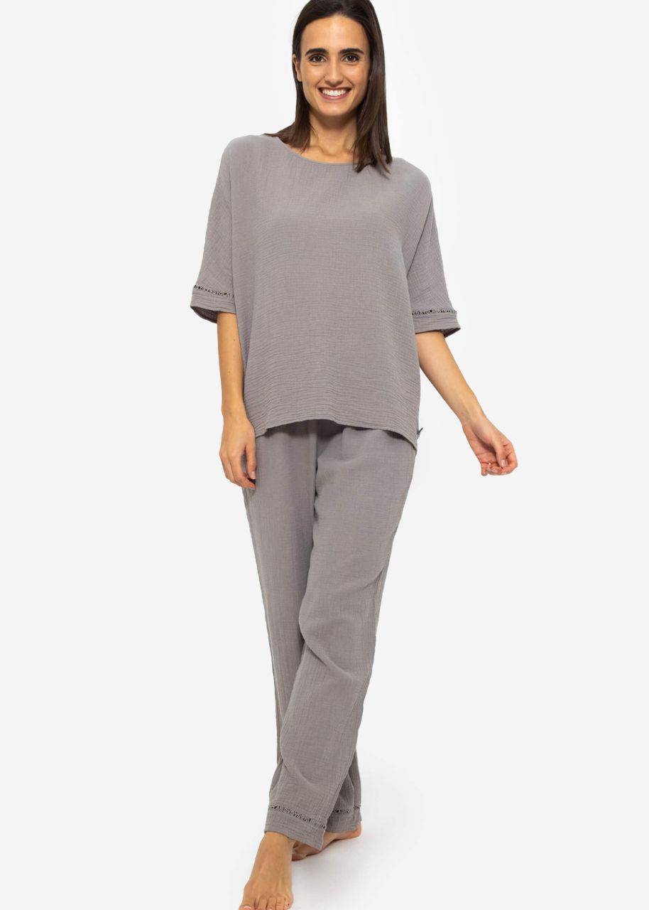 Musselin Pyjamahose mit Spitzenborte - taupe