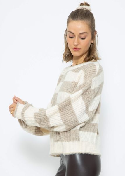 Flauschiger Pullover mit versetzten Blockstreifen - beige-offwhite