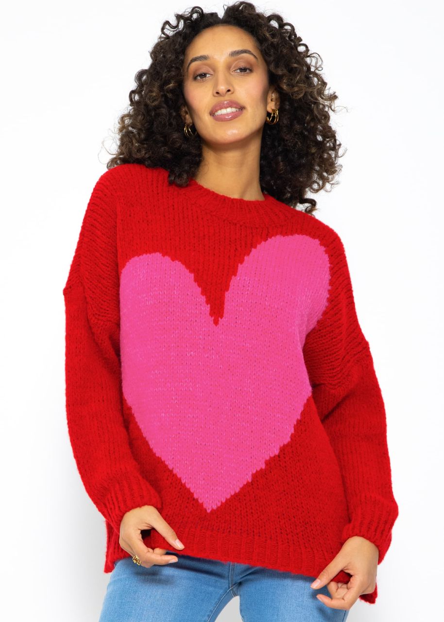 Oversize Pullover mit Herzmotiv - rot-pink