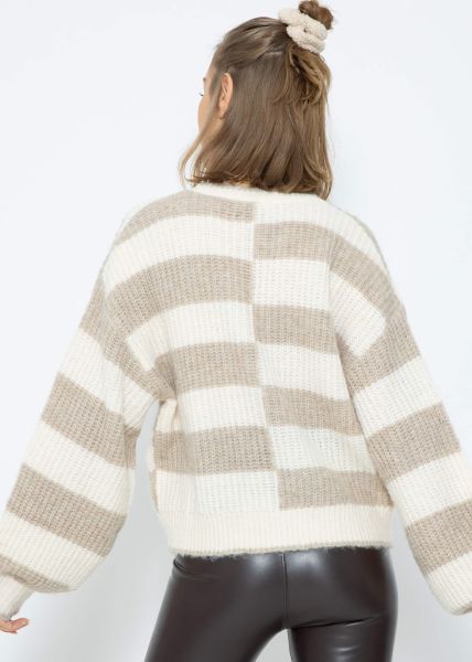 Flauschiger Pullover mit versetzten Blockstreifen - beige-offwhite