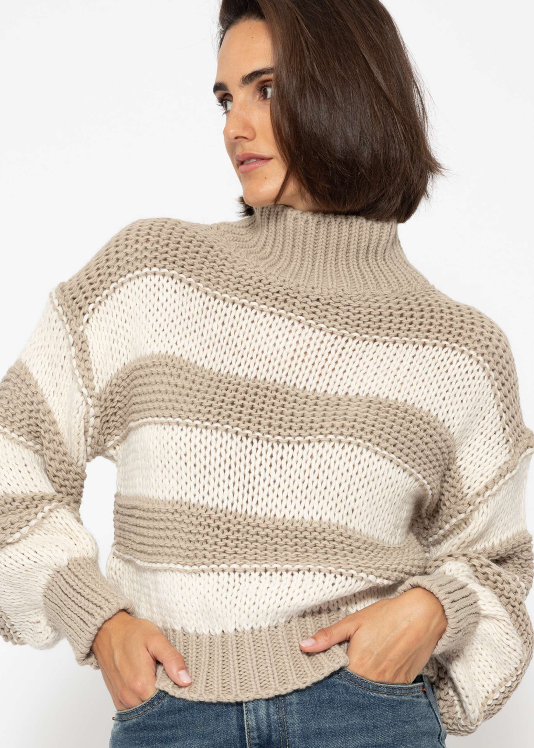 Rollkragenpullover mit Streifen - taupe-beige