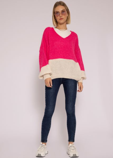 Lockerer Pullover mit V-Ausschnitt, pink/offwhite