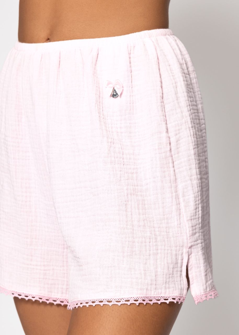 Musselin Pyjamashorts mit Spitzenborte - rosa