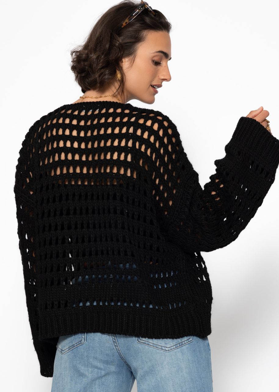 Lässige Strickjacke mit Lochstrickmuster - schwarz