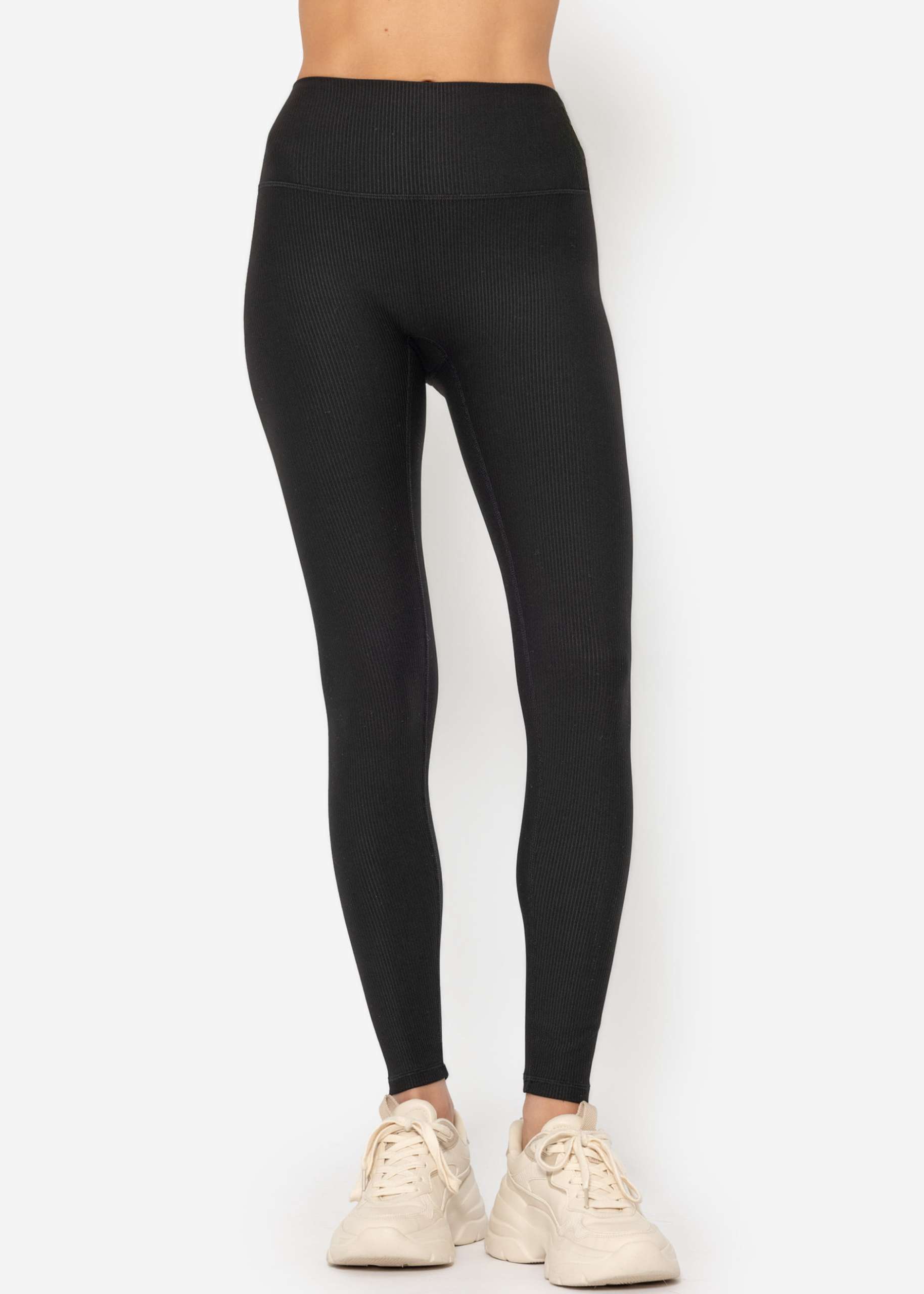 Gerippte High Waist Sportleggings - schwarz