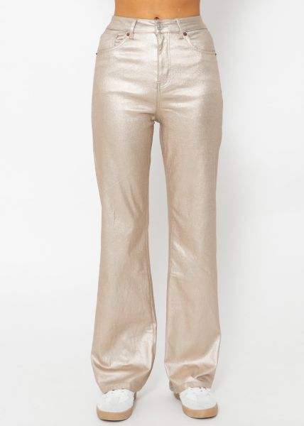 Highwaist Jeans, metallic, mit geradem Bein - gold