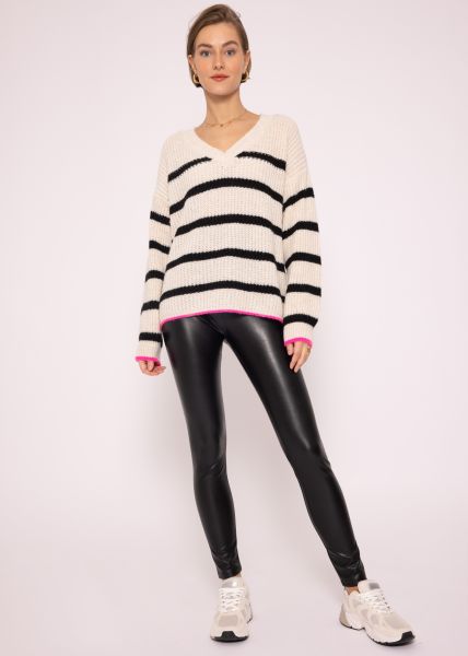 Gestreifter V-Ausschnitt-Pullover, offwhite