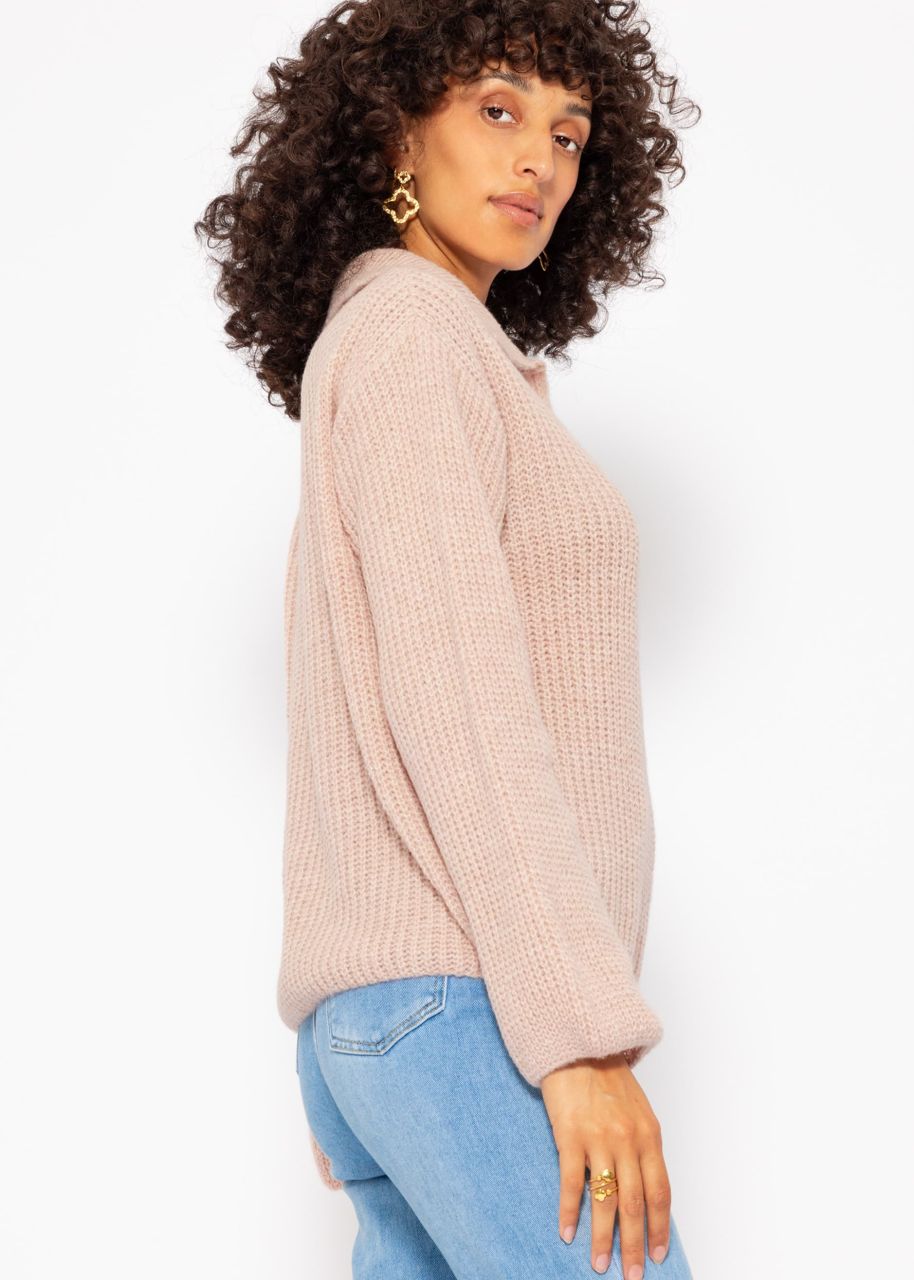 Oversize Pullover mit V-Ausschnitt und Kragen - puderrosa