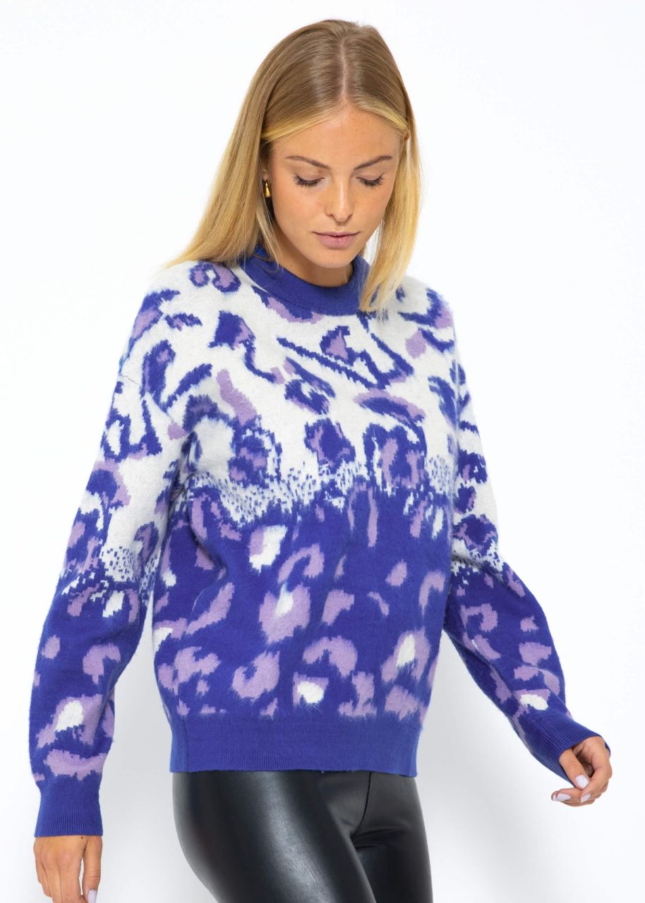 Strickpullover mit Leopard-Muster - blau