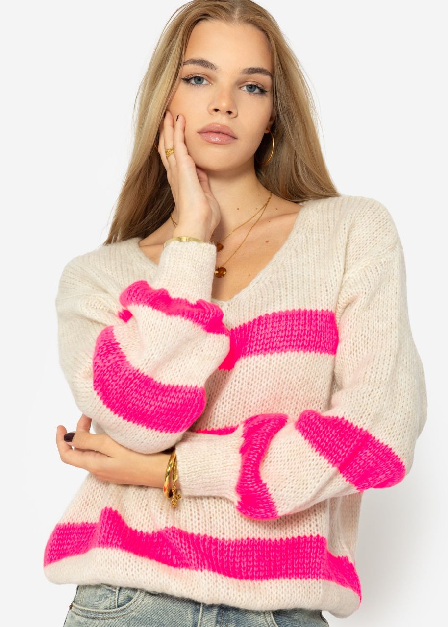 Pullover mit pink Streifen - hellbeige