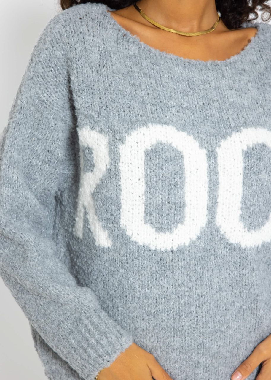 Oversize Pullover mit "Rock"-Schriftzug - grau-weiß