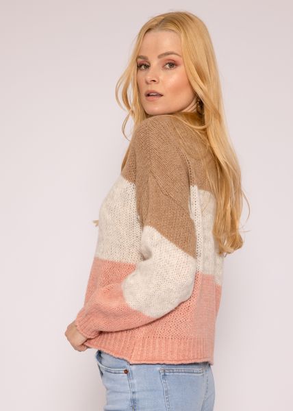 Rundhalspullover mit Blockstreifen, camel/beige/rosa