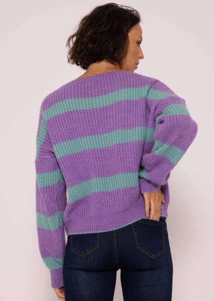Pullover mit Streifen und V-Ausschnitt, lila-türkis
