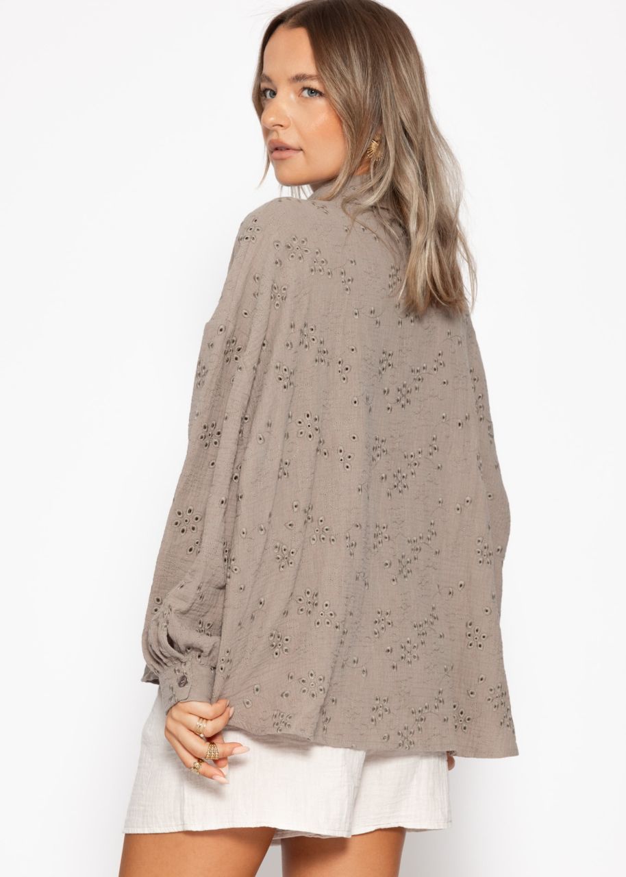 Musselin Bluse mit Lochstickerei - taupe
