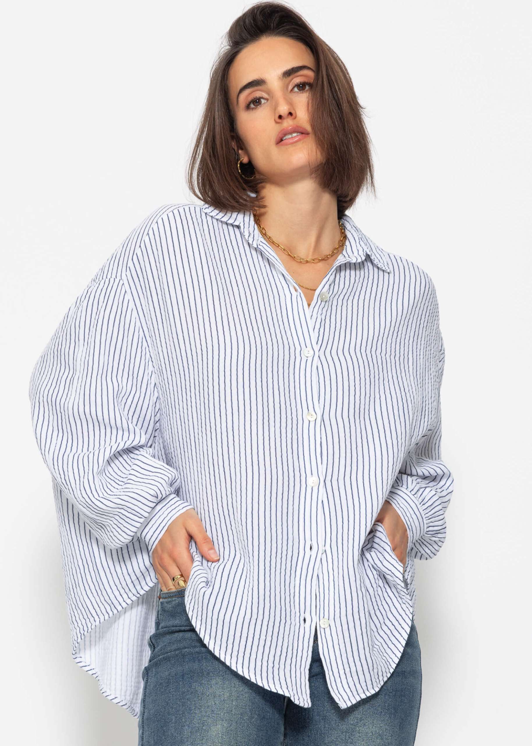 Gestreifte Musselin Bluse oversize - blau-weiß