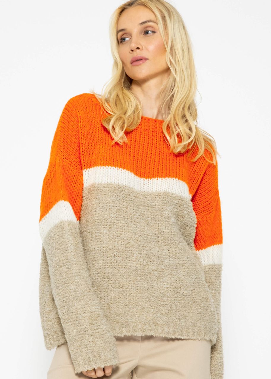 Flauschiger Pullover mit Streifendesign - orange-offwhite-beige