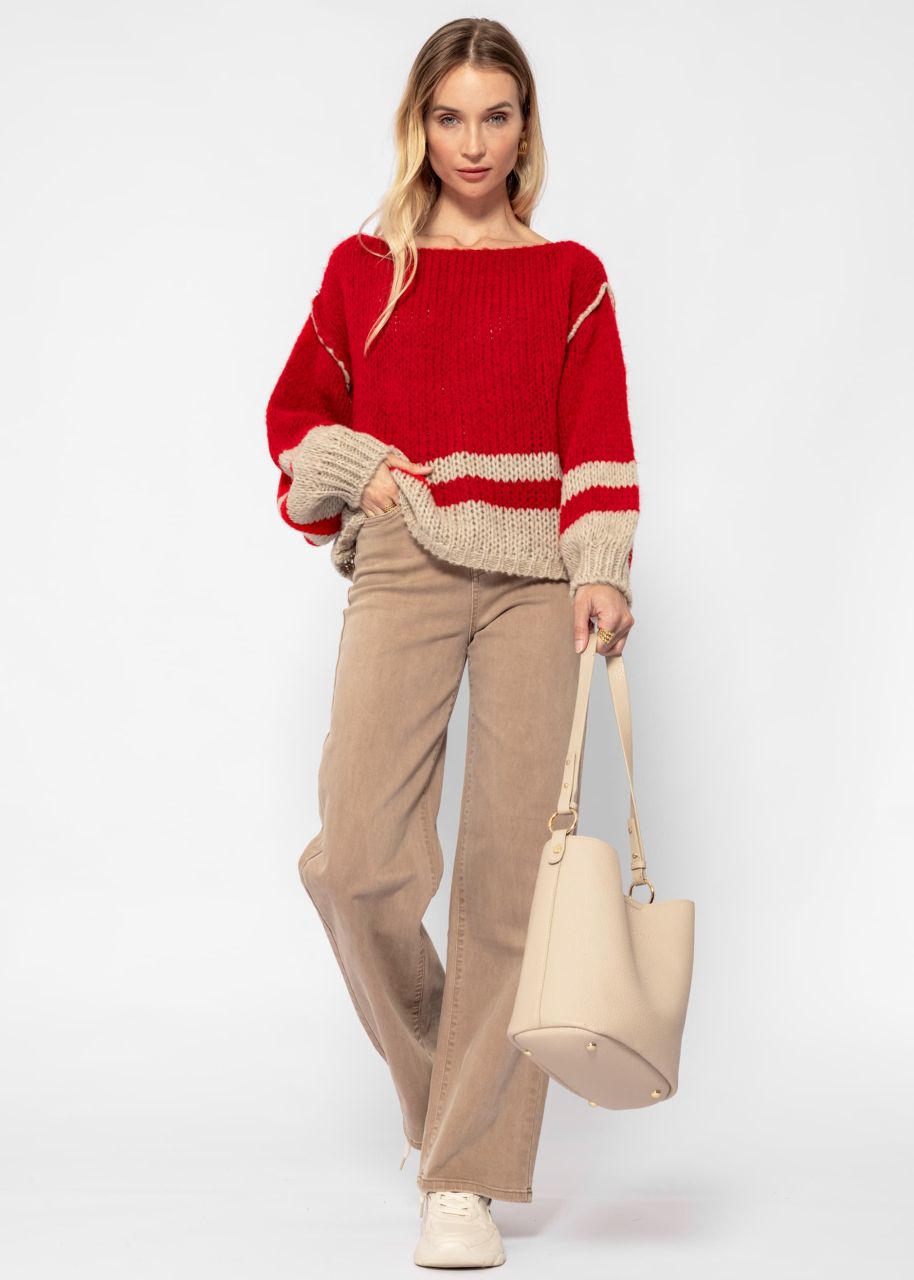 Pullover mit gestreiftem Saumende - rot-beige