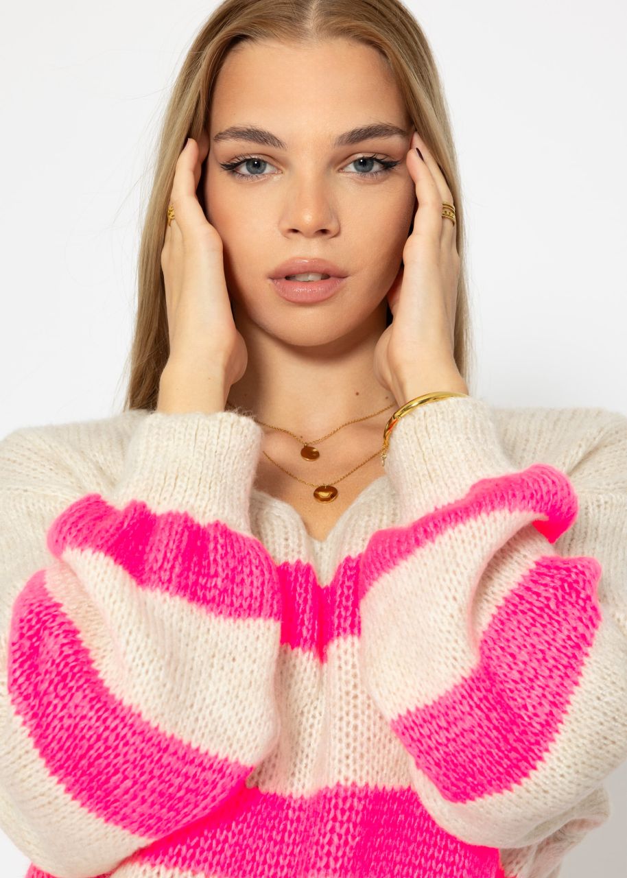 Pullover mit pink Streifen - hellbeige