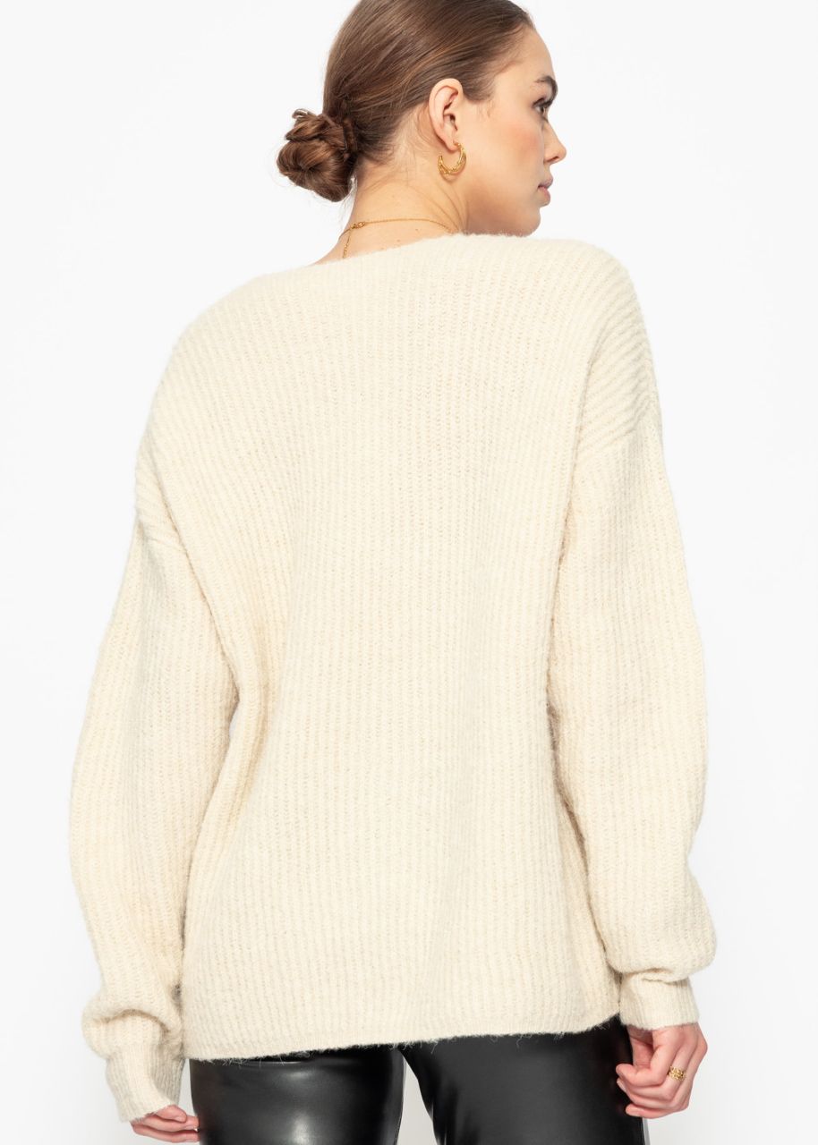 Gerippter Pullover mit V-Ausschnitt - beige