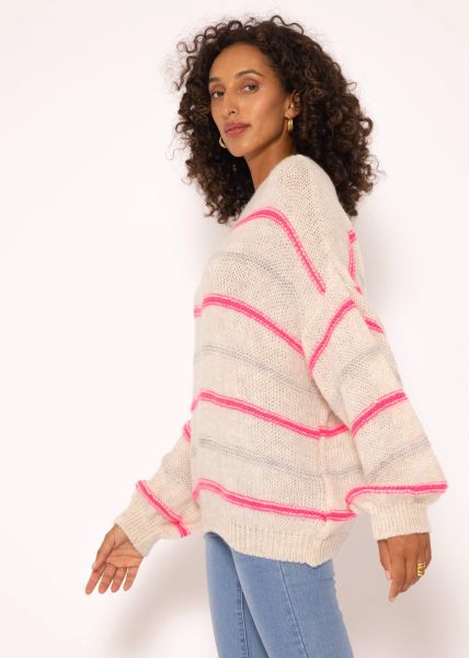 Strickpullover mit farbigen Streifen - hellbeige-pink-hellgrau